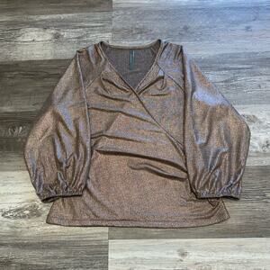 Anthropologie Sparkle Rose Gold Womens S Shimmery Wrap Top with Bishop Sleeve